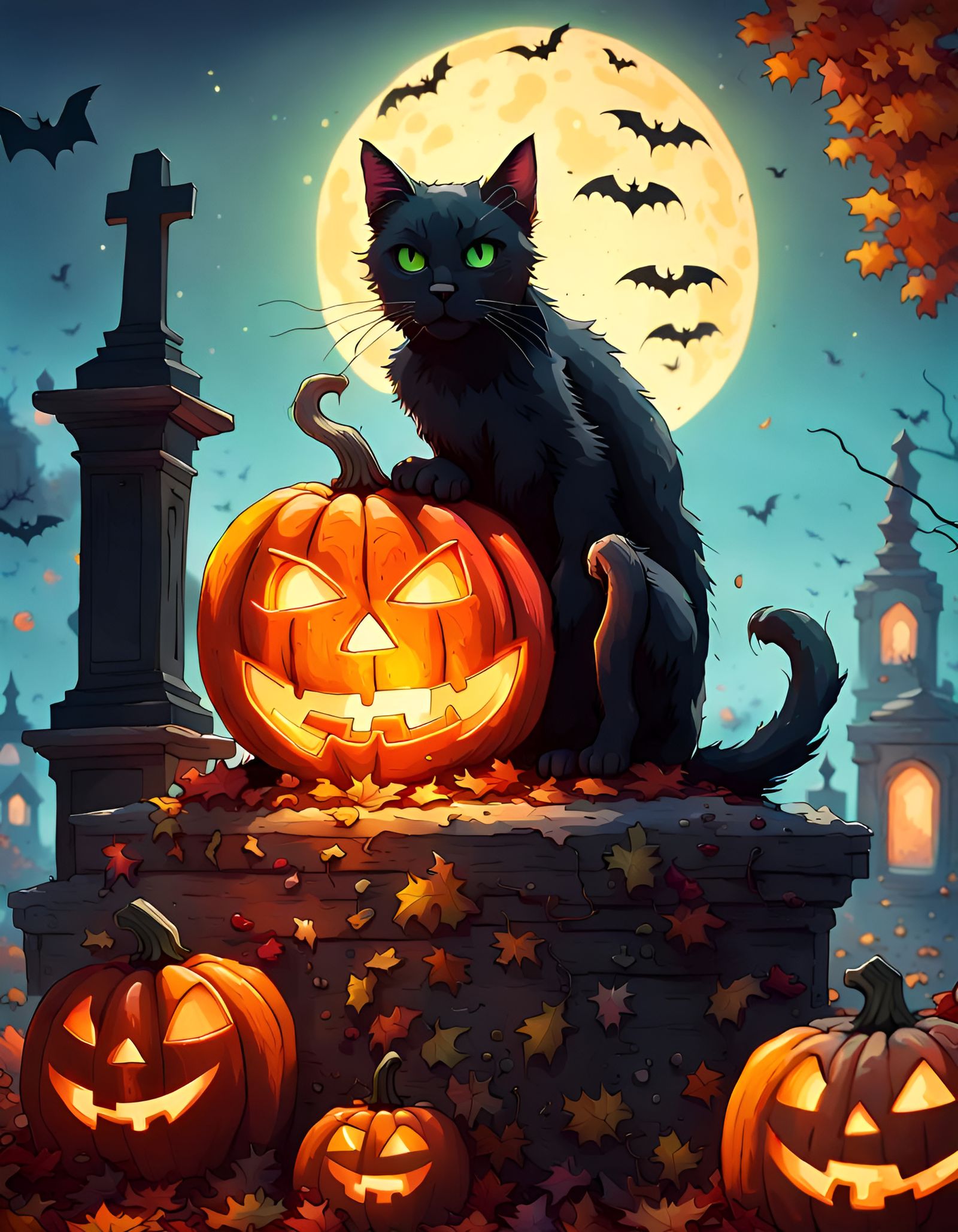 Black Cat on Pumpkin in Cemetery, Hyperrealistic Art