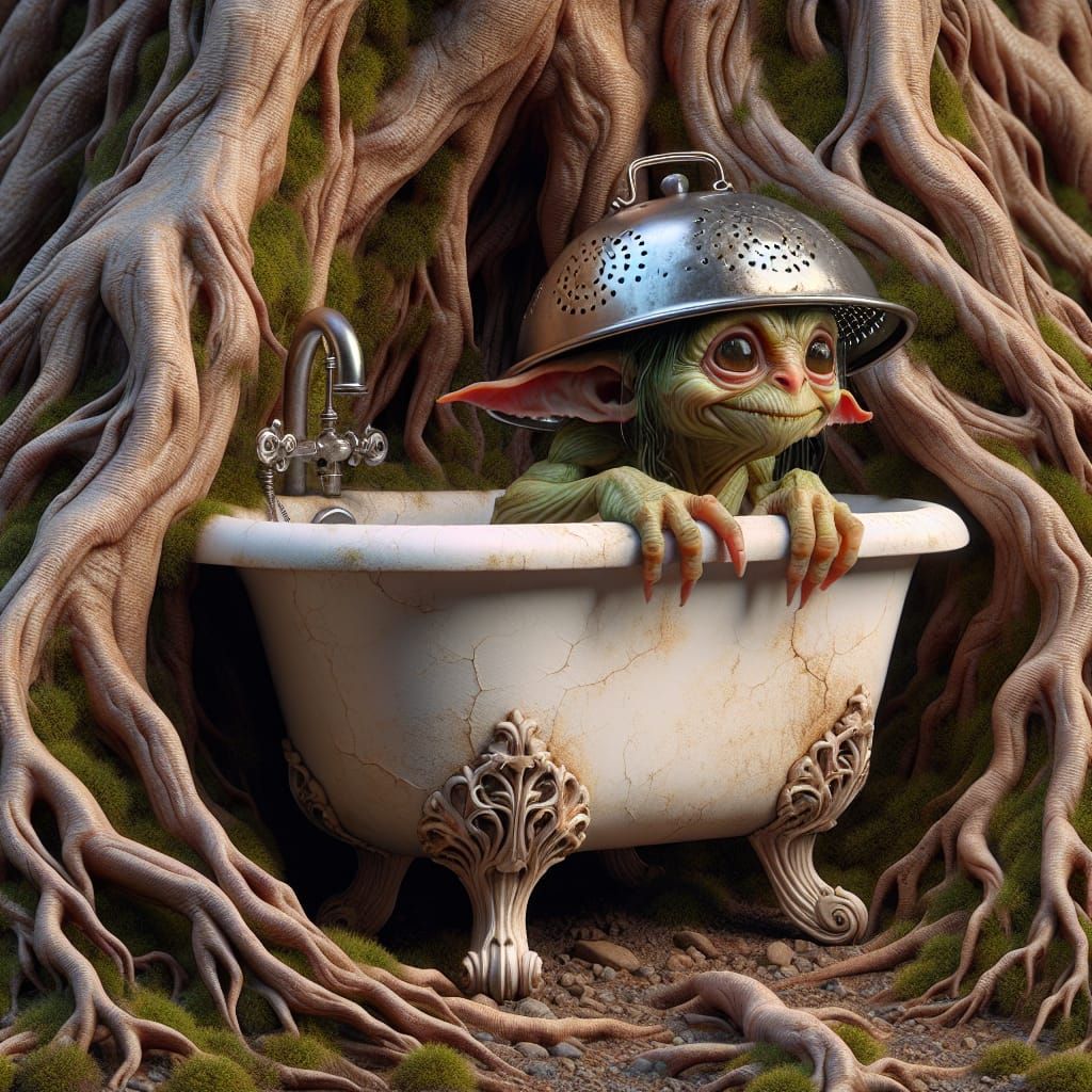 Eerie Goblin Hiding in Bathtub, Surreal Horror Style