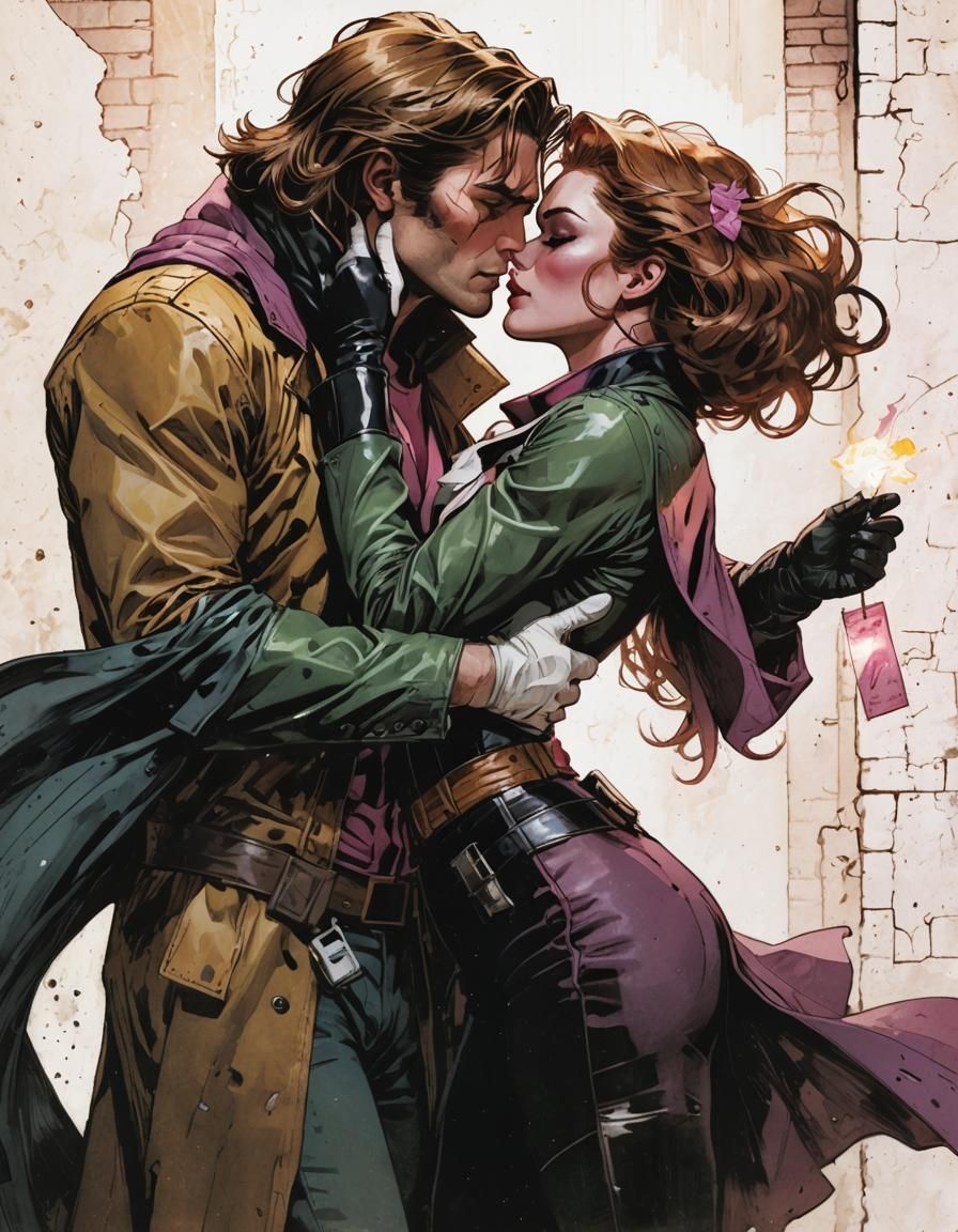 Rogue and Gambit Kiss in Romantic Comic Art