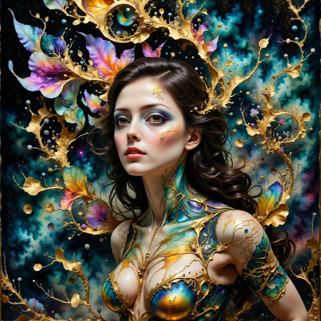 Elegant Woman in Recursive Space with Alchemical Style