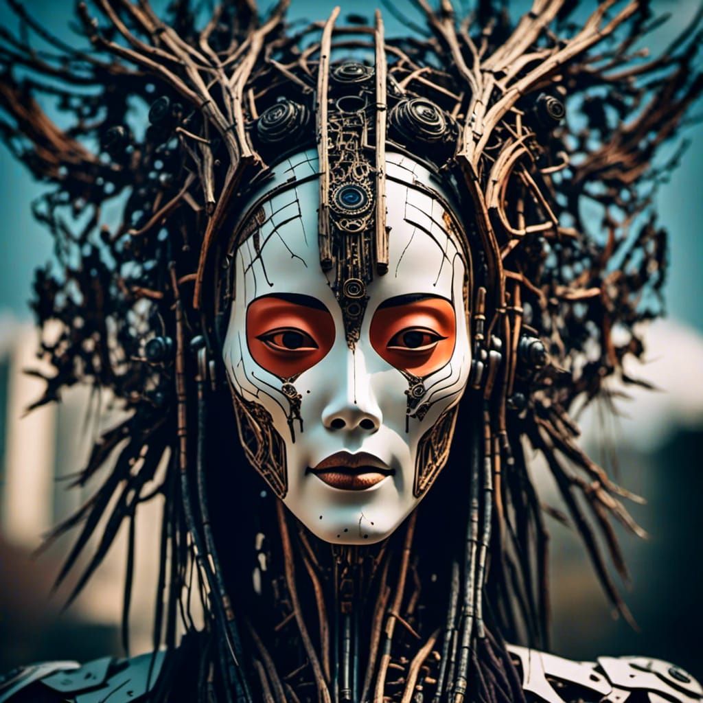 Android Cyborg's First Sunrise with Wood Mask