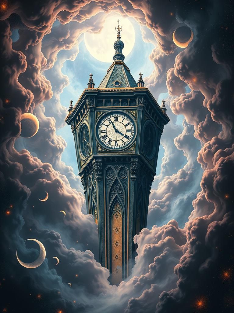 Surreal Clock Tower in Vibrant Cosmic Scene