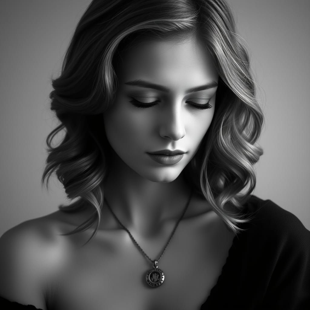 A classic black and white portrait photograph captures a young woman with elegantly styled, shoulder-length wavy hair, f...