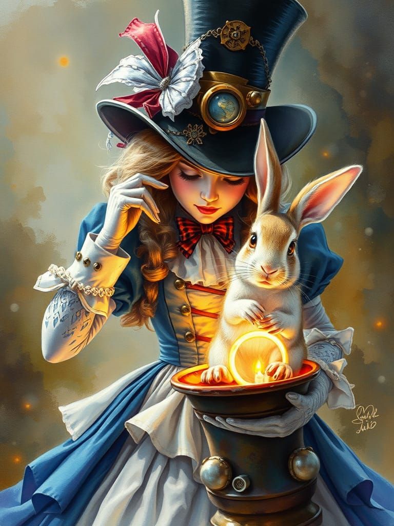 Steampunk Magician Removes White Rabbit from Top Hat in Whim...