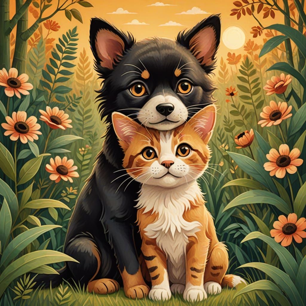 Dog and Cat Hugging in Warm Oil Painting Style