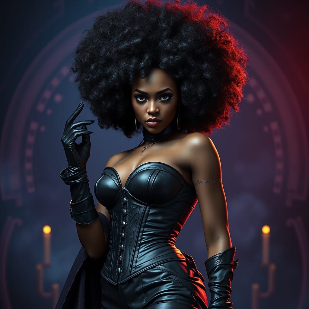 Regal African Vampire in Luxurious Black Leather Attire