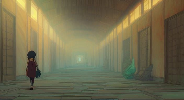 Anime Key Visual of School Corridor in Ghibli Style