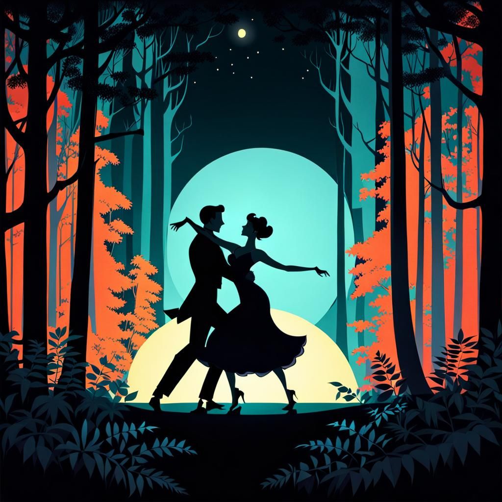 Passionate Tango in Moonlit Forest, Silhouette Animation