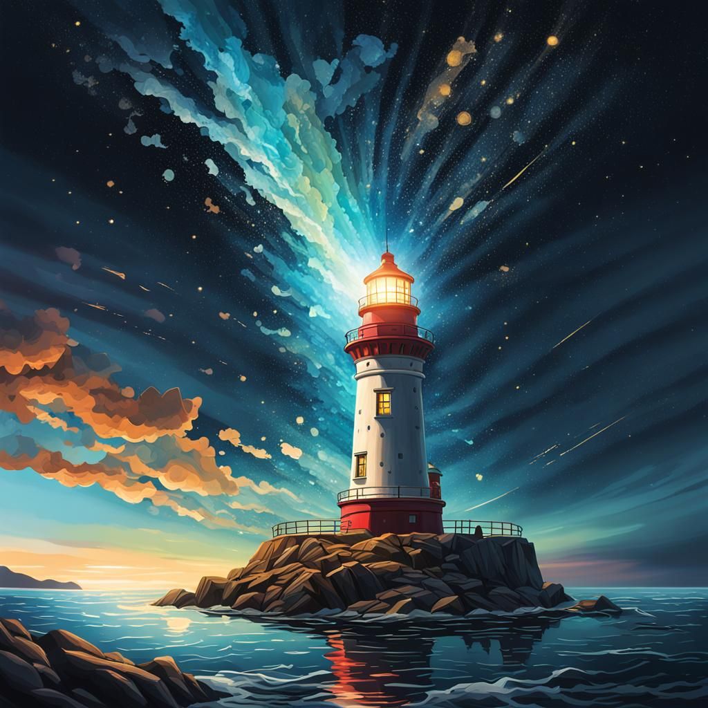 Lighthouse Illuminates Starry Sky: Hyperrealistic Splash Art