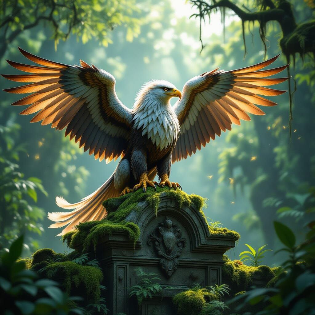 Majestic Griffin on Ancient Ruin in Sunlit Jungle