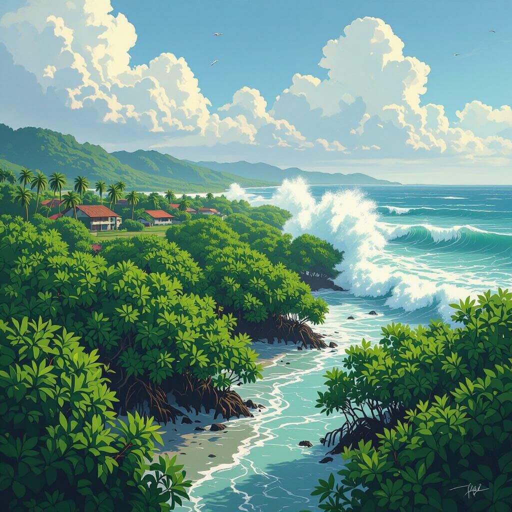 Lush Mangrove Forest Protecting Village from Tsunami