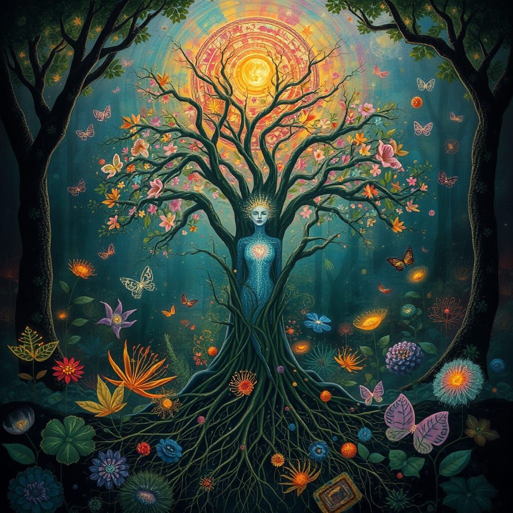 Ethereal Woman Blossoms in Fantasy Plant Kingdom