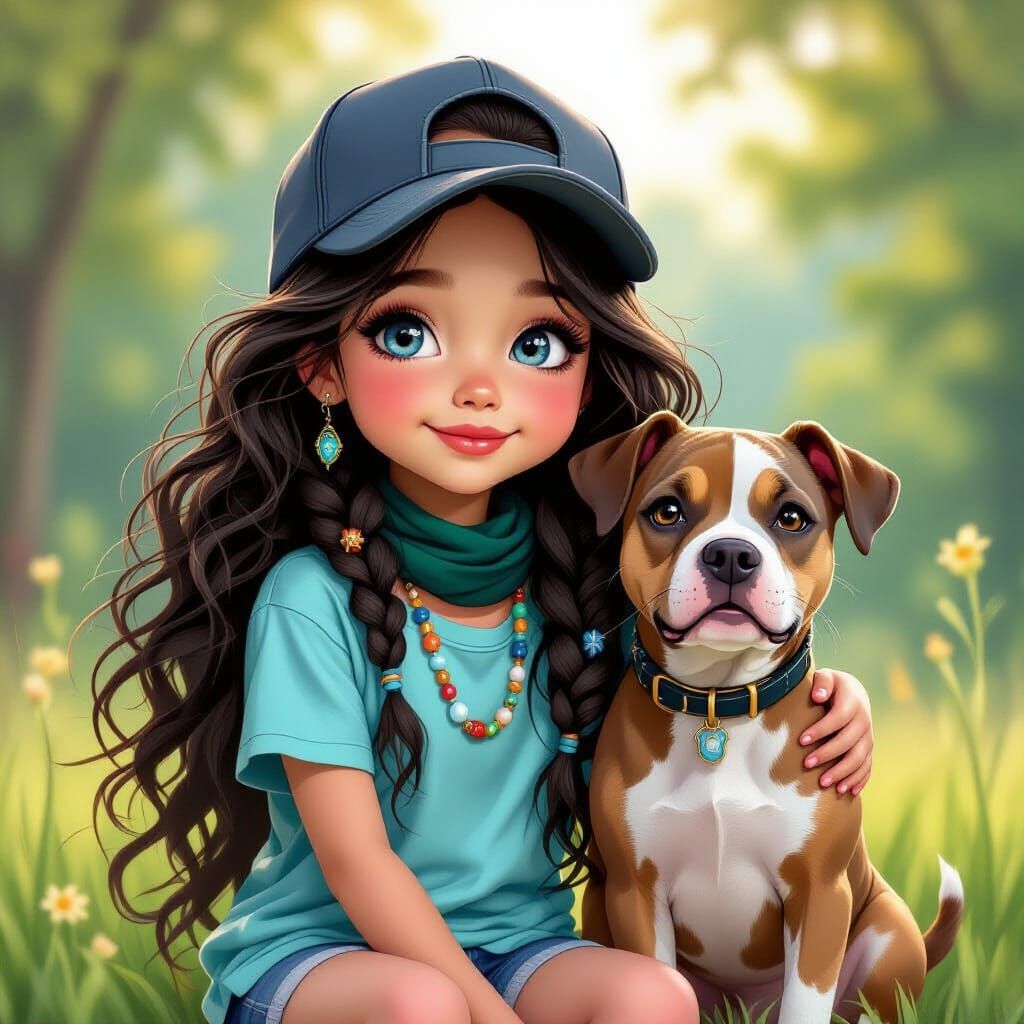 Girl with Pit Bull in Summer, Realistic Colored Pencil Style