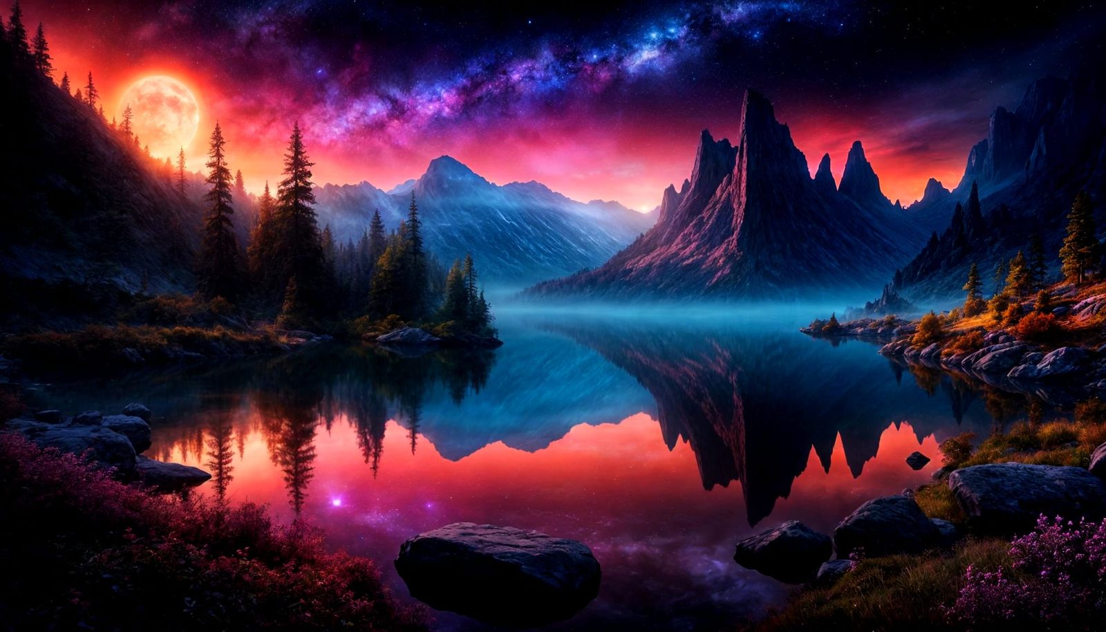 Fantasy Night Landscape with Lake and Nebula