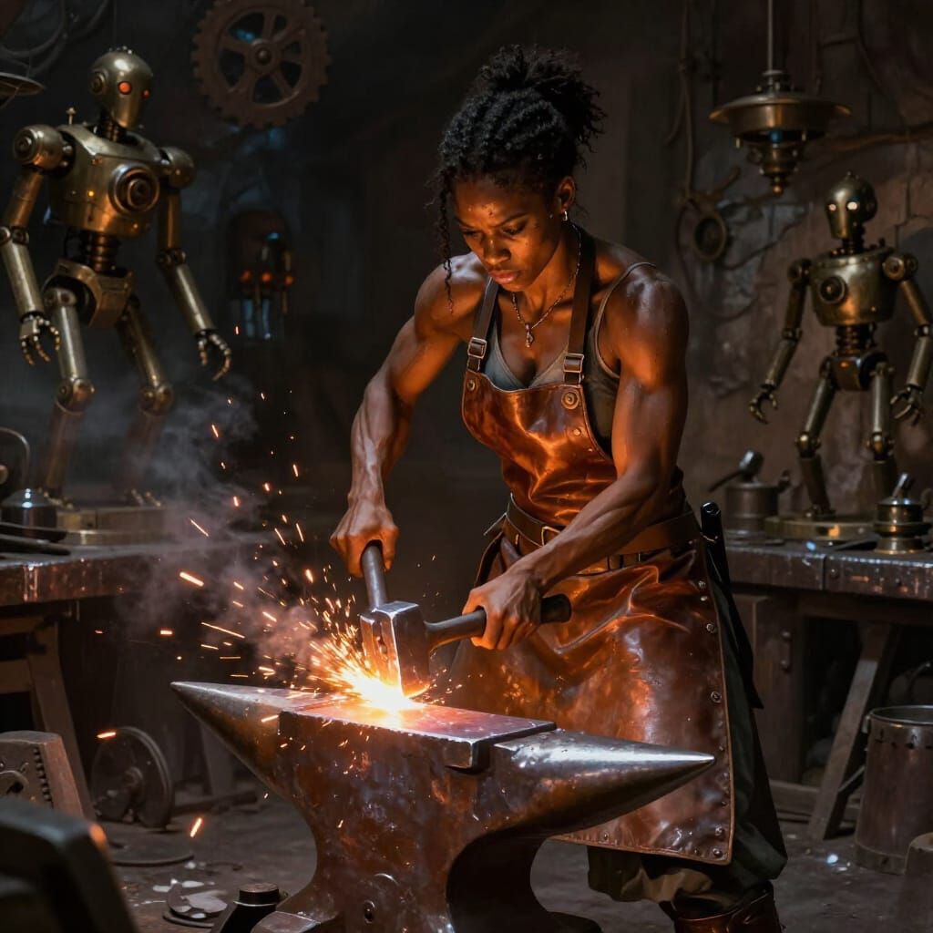 Muscular Blacksmith Forging Metal in Steampunk Cavern