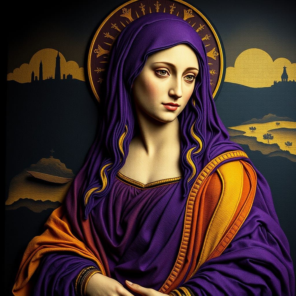 Mona Lisa Recreated with Colored Felt in Dark Fantasy Style