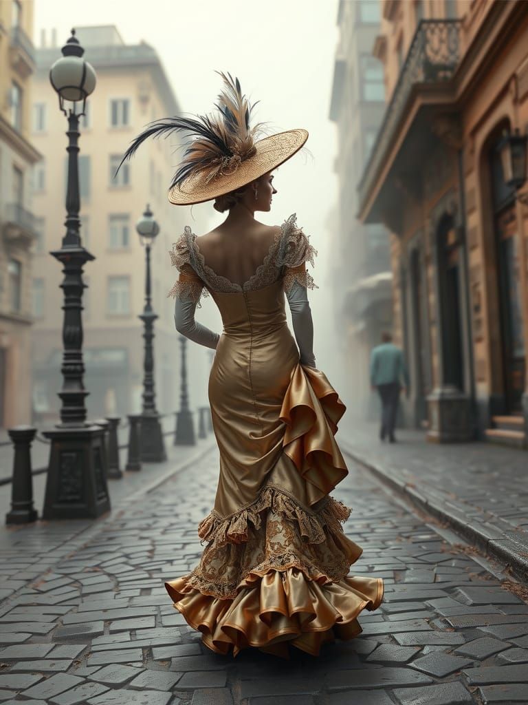 Elegant Lady Takes a Stroll in a Vintage Gown Amidst Cobbles...
