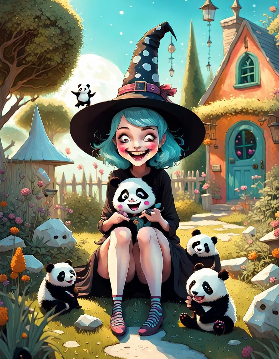 Whimsical Witch Laughing with Panda in Garden