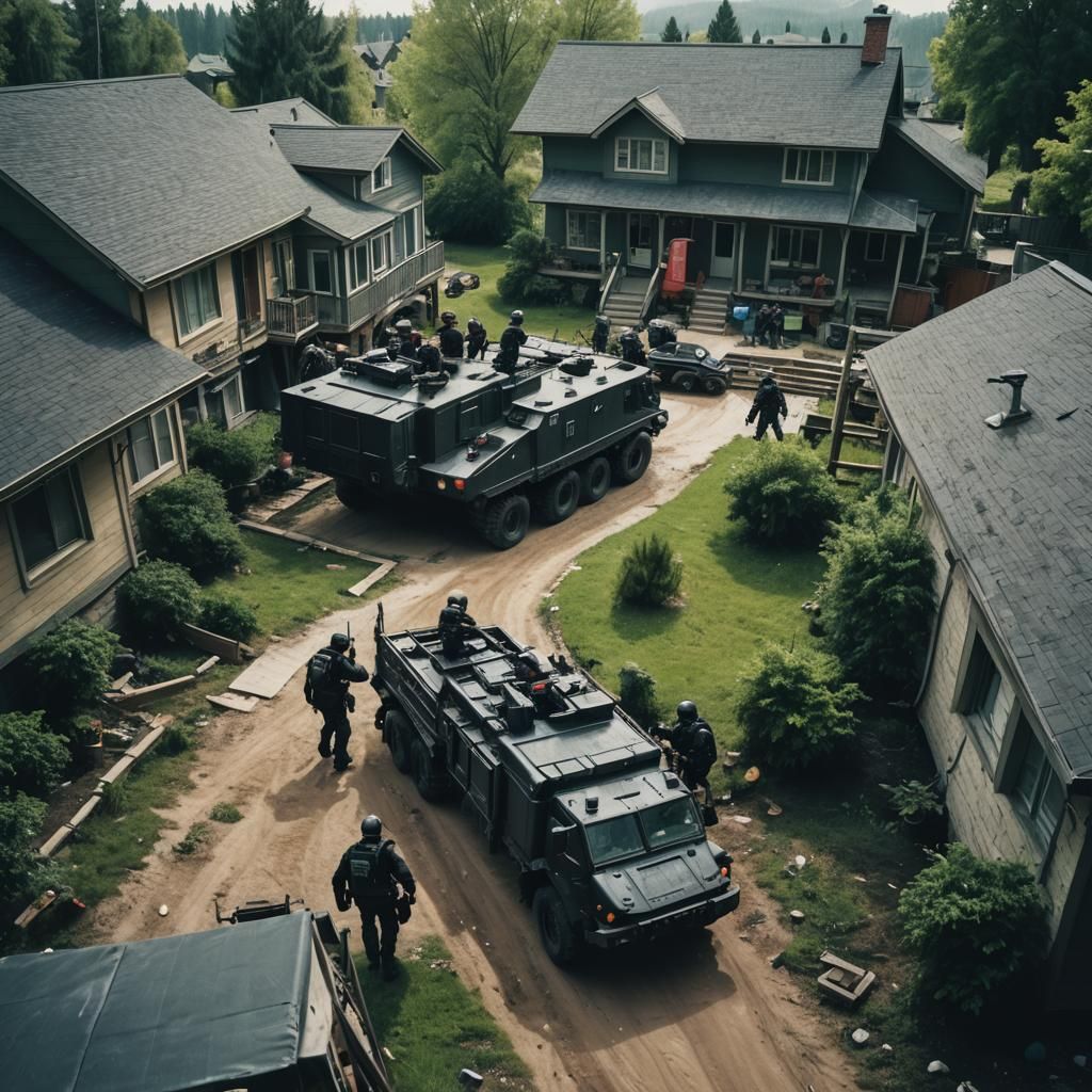 SWAT Team Barges Into House: Cinematic Film Still