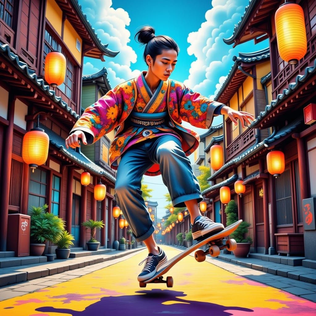 Skateboarding in a Vibrant, Traditional Japanese Alley