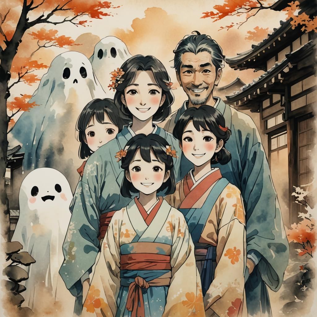 Anime Family Portrait with Ghostly Figure