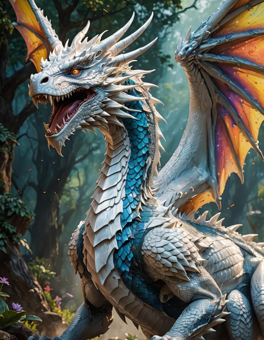 White Dragon with Prosthetic Wings in Splash Art Style