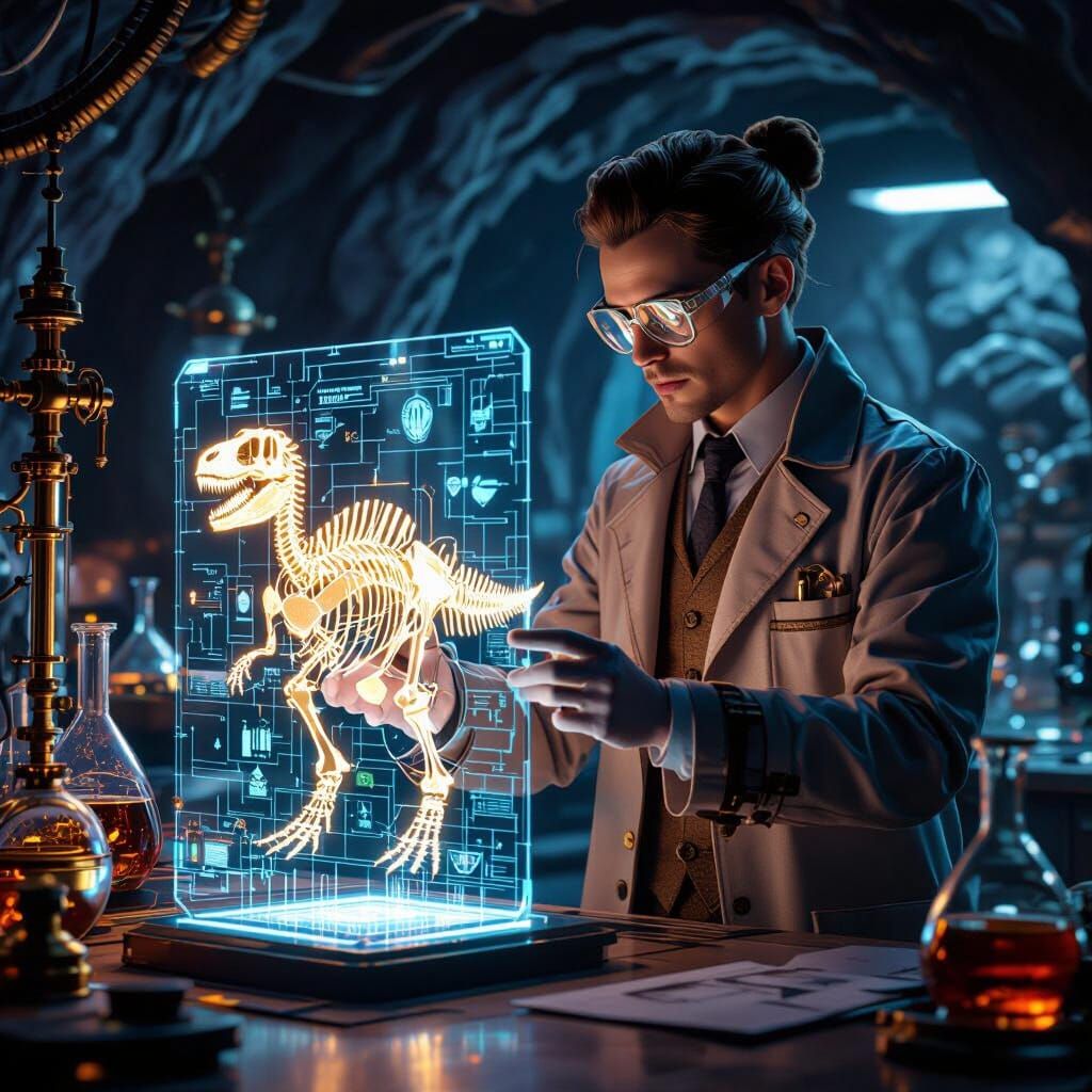Steampunk Scientist Reveals Dinosaur Hologram in Future Lab