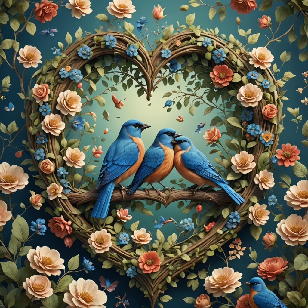 Birds on Floral Heart Frame in Folk Art Style