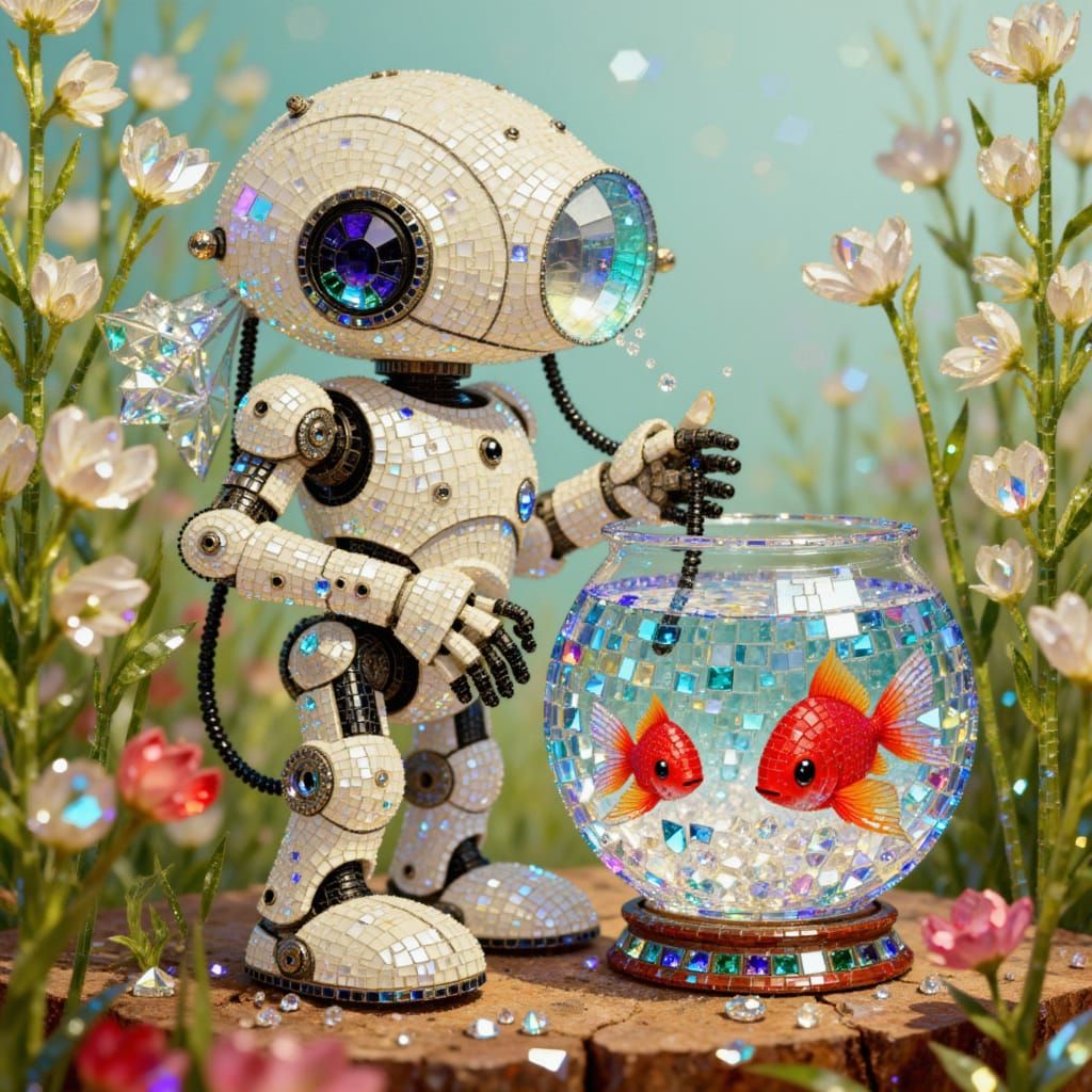 Cute Robot Holding a Fishbowl