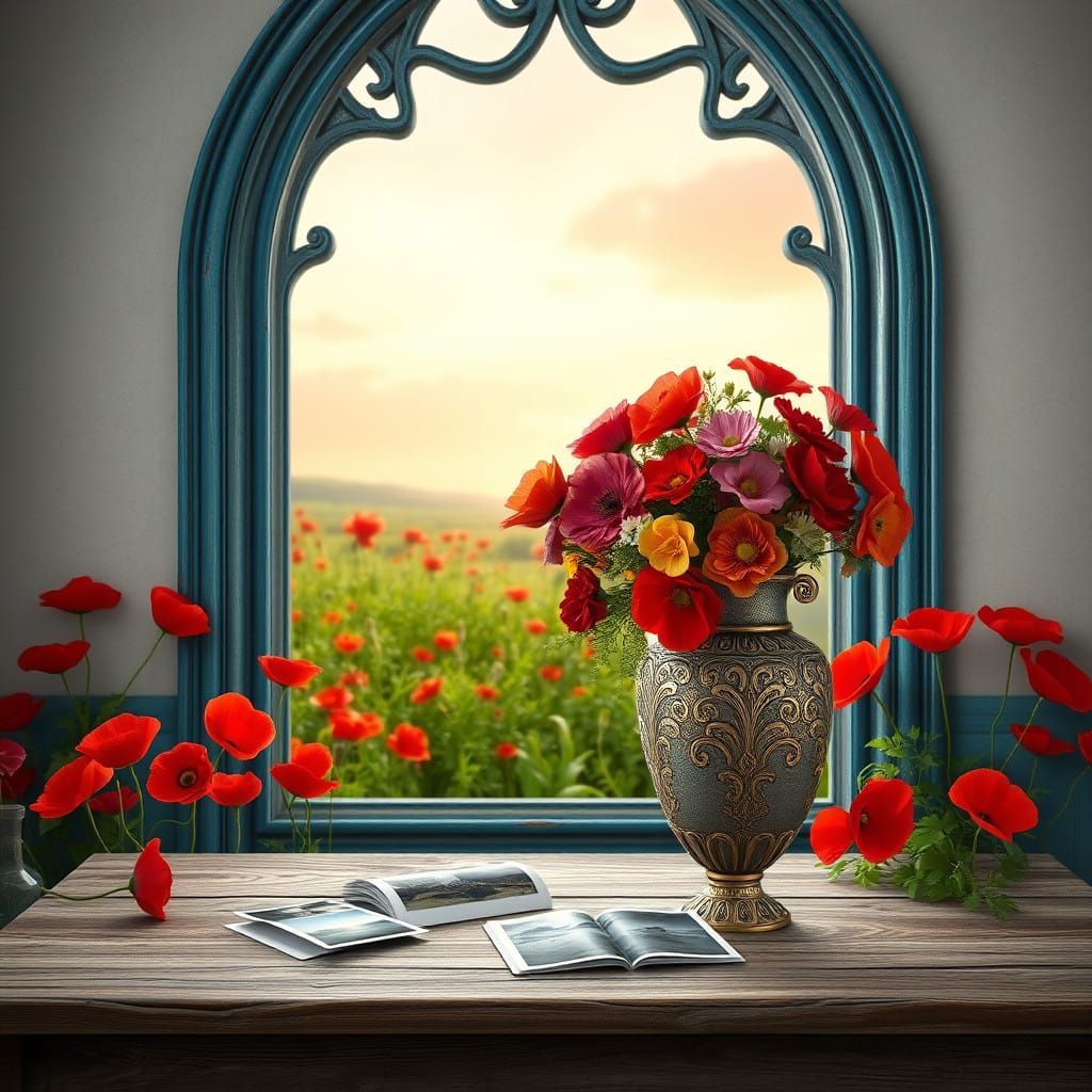 Whimsical Gothic Window Portal with Vibrant Poppies and Flor...