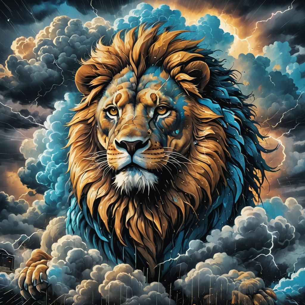 Lion Face in Stormy Graffiti Cloudscape