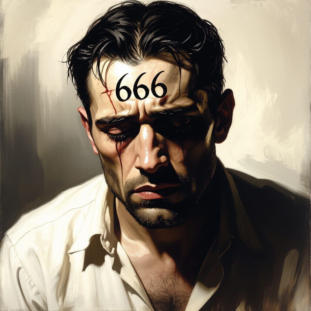 Man with 666 Mark on Forehead in Dramatic Lighting