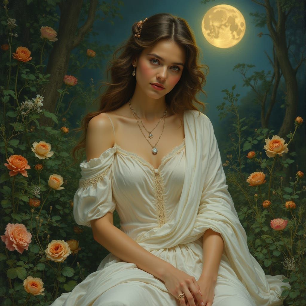 Elegant Moonlit Beauty in a Lush Garden Setting
