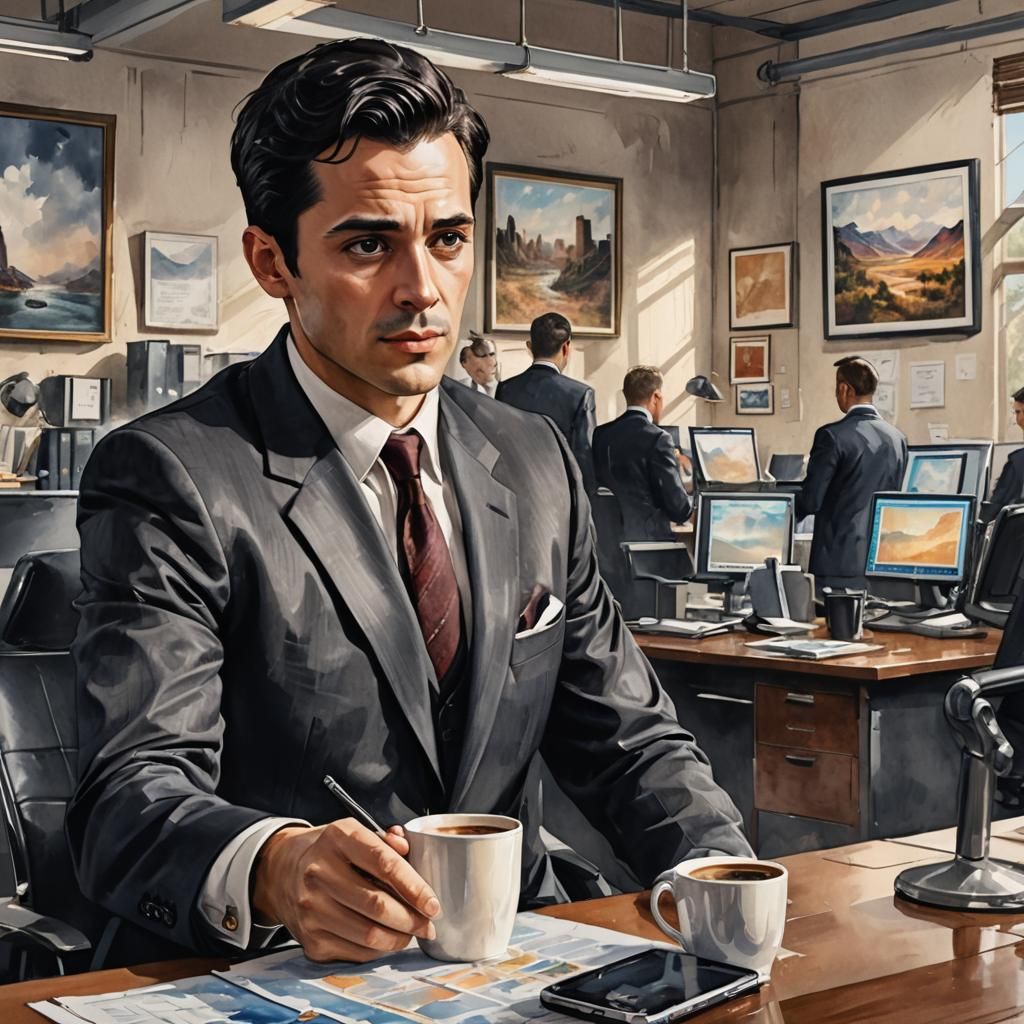 Young CEO in Office: an Aquarel Painting