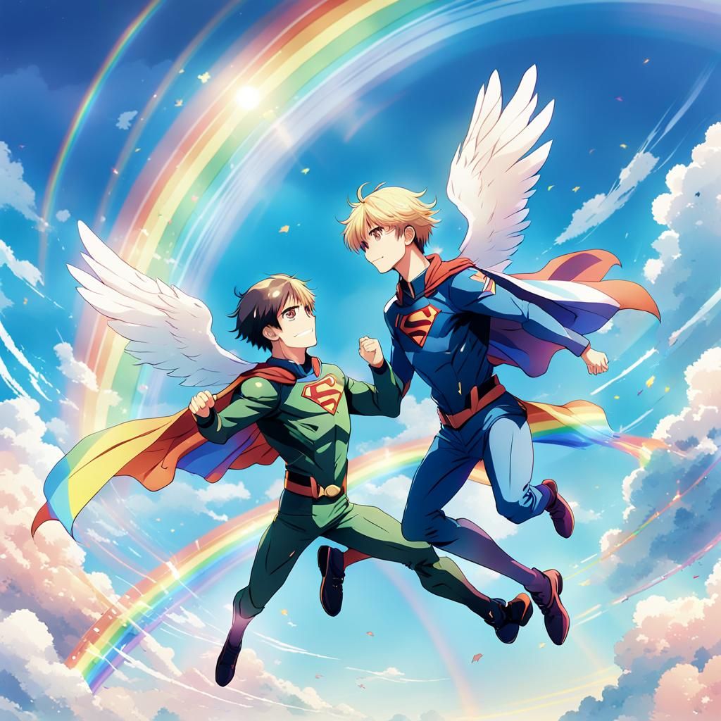 Anime-Style Image of Men Flying in Rainbow Sky