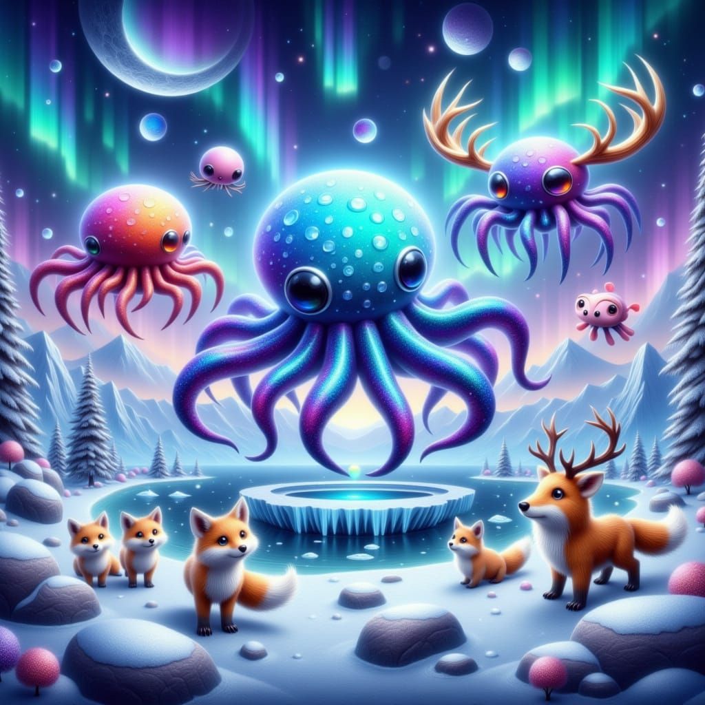 Dreamy Arctic Whimsy: Spider-Octopi Play with Arctic Foxes a...