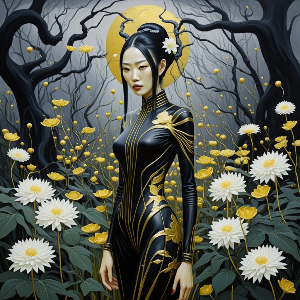 Slender Woman in Black and Gold Oil Painting