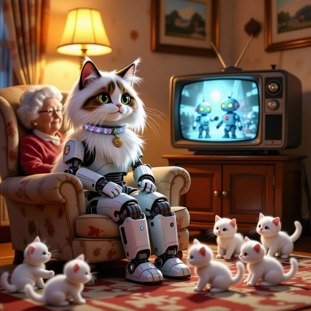 Robot Cat, Elderly Lady, and Robot Kittens in Whimsical Styl...
