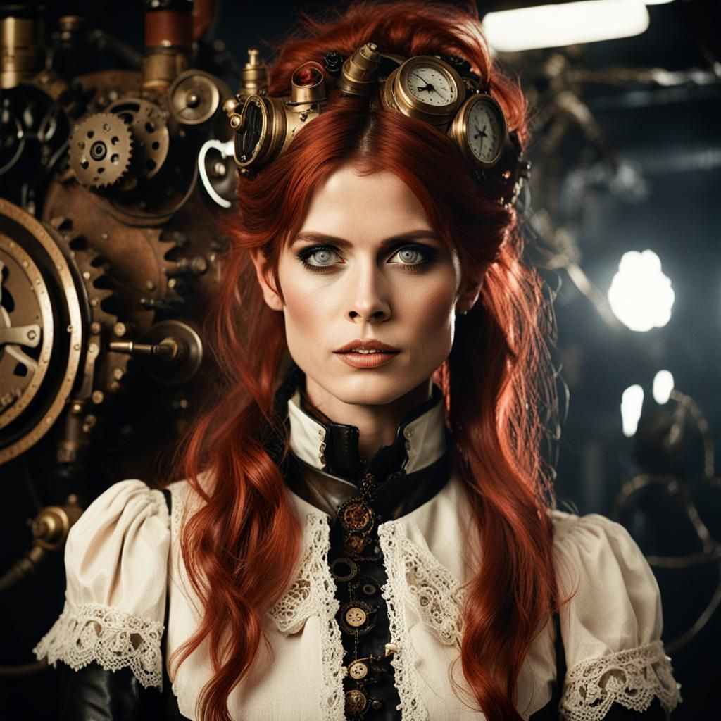 Steampunk Woman with Cyberpunk Outfit in Boiler Room