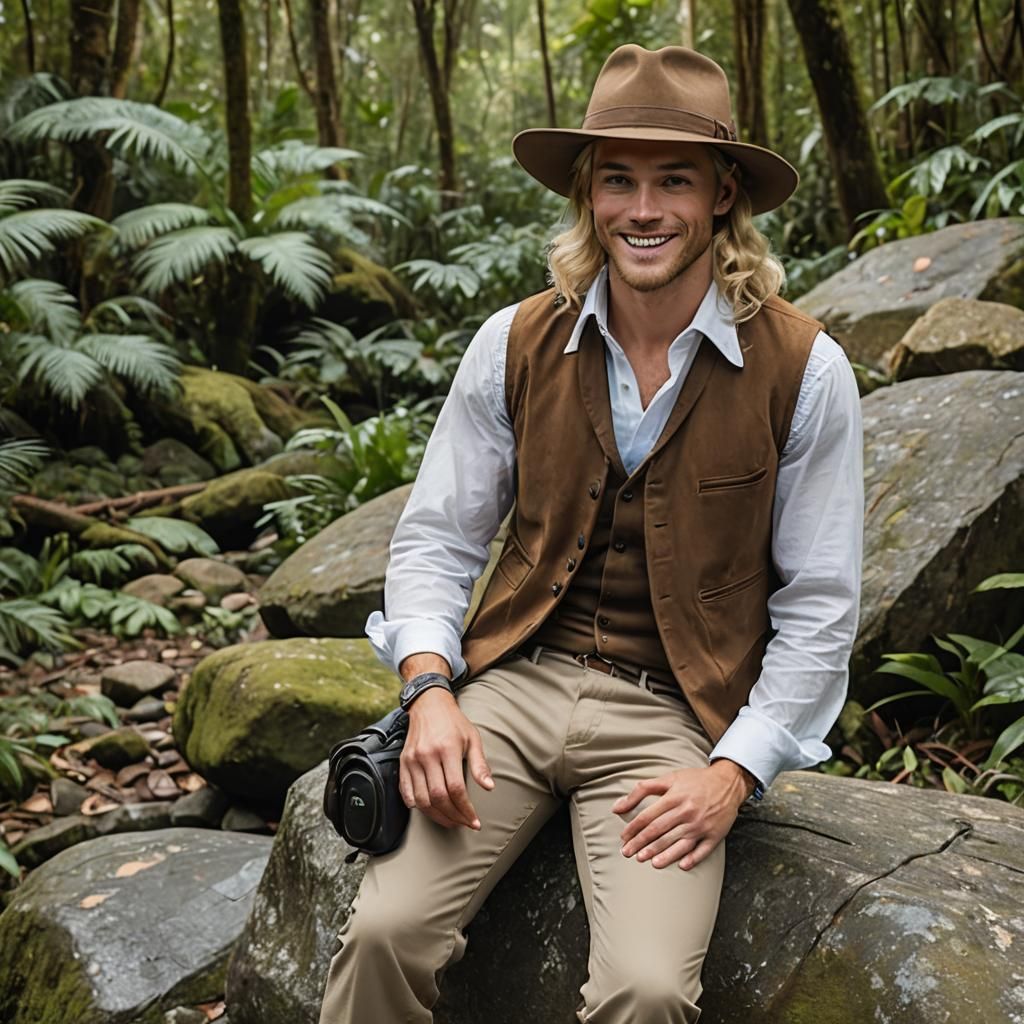Blonde Man with Blue Eyes in Rainforest