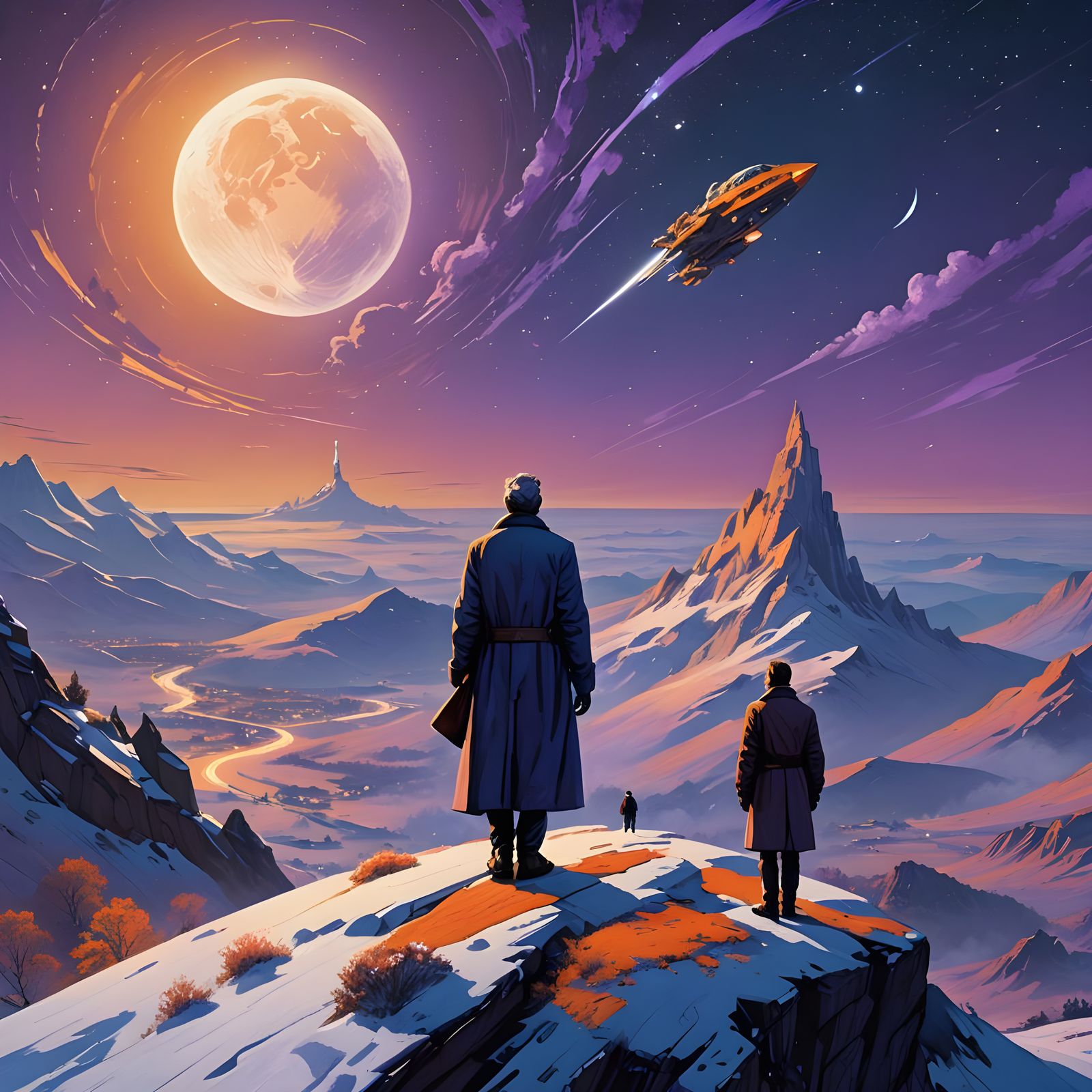 Man Watches Santa in Spaceship on Hillside Under Starry Moon...