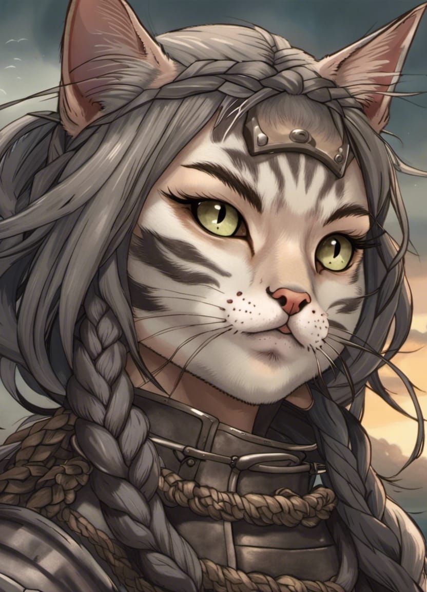 Beautiful Cat Girl Knight on Smoky Battlefield