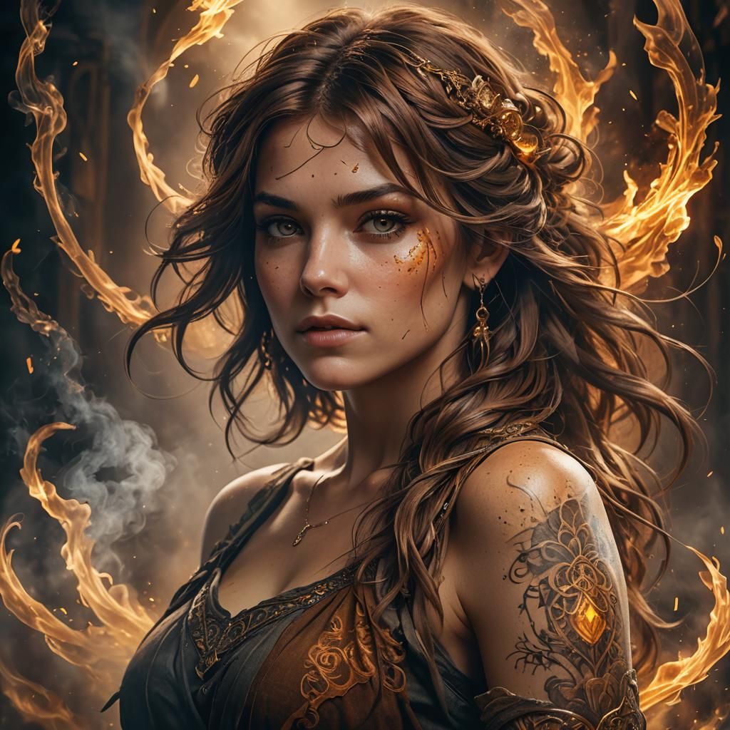 Amber Tattooed Woman in Dynamic Lighting, Professional Photo...