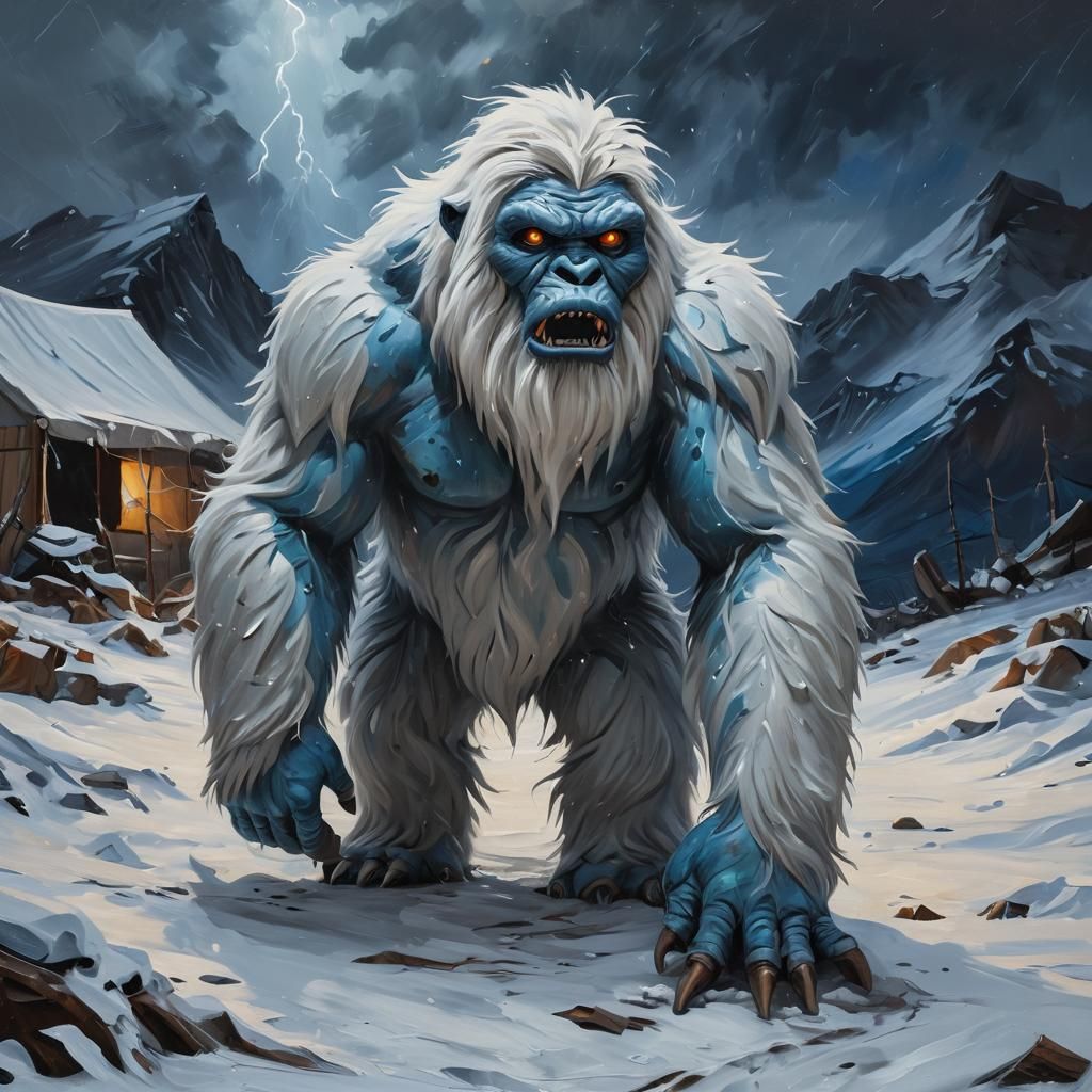 Scene: A desolate, snowy mountain landscape at dusk. A tatte...