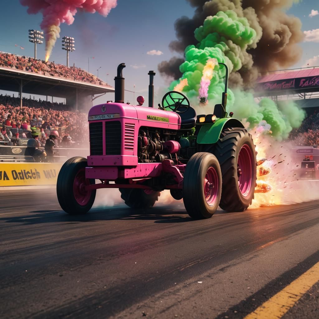 Tractor at Drag Strip with Fiery Wheels