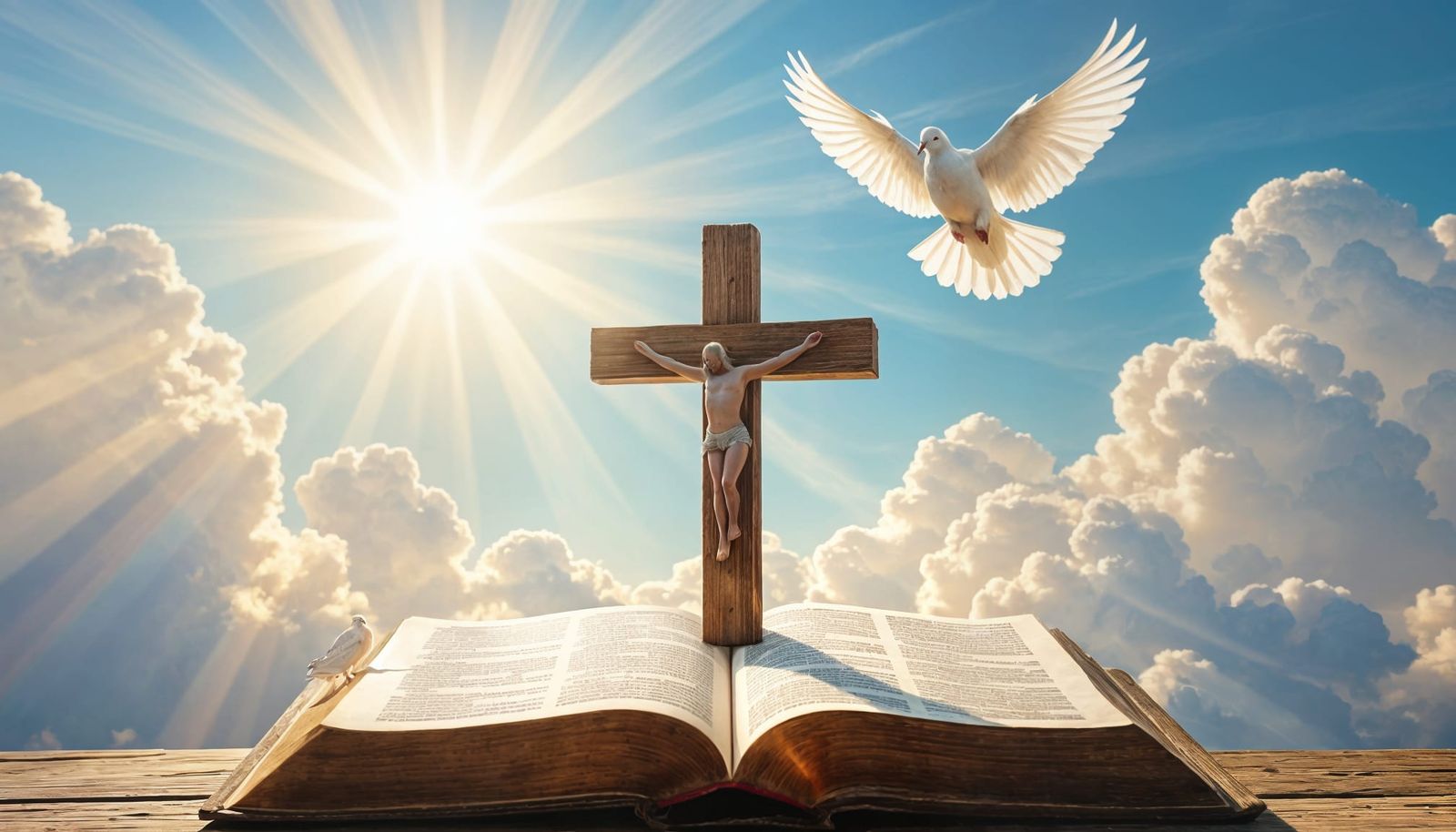 Wooden Cross on Bible Under Divine Sky with Dove
