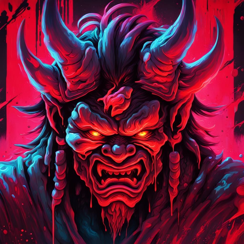 Red Neon Oni Mask in Graffiti Art Style