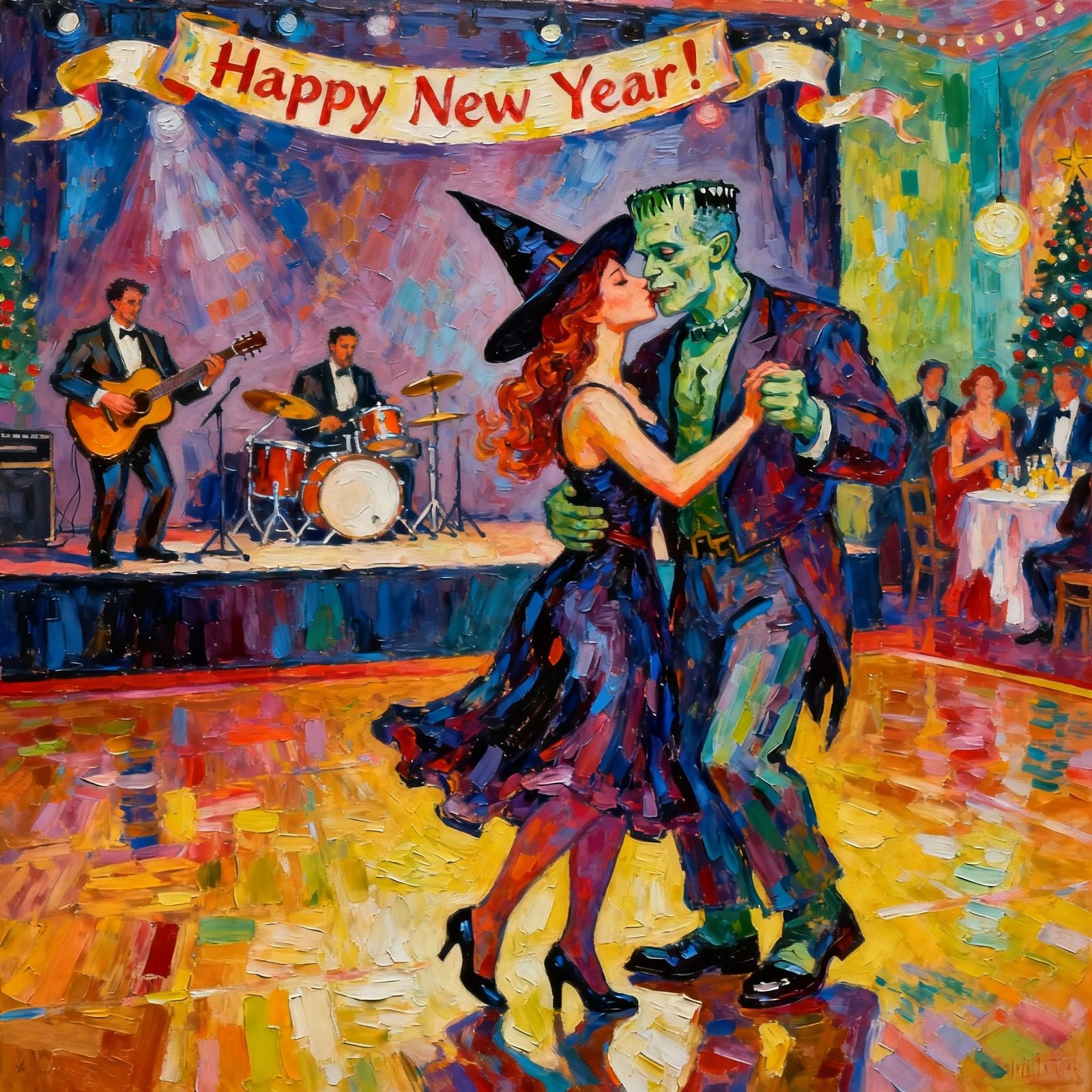 Witch and Frankenstein Dance at New Year's Ball