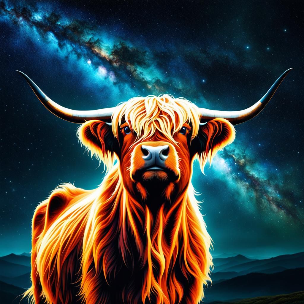 Highland Cow in Awe of Bioluminescent Cosmos