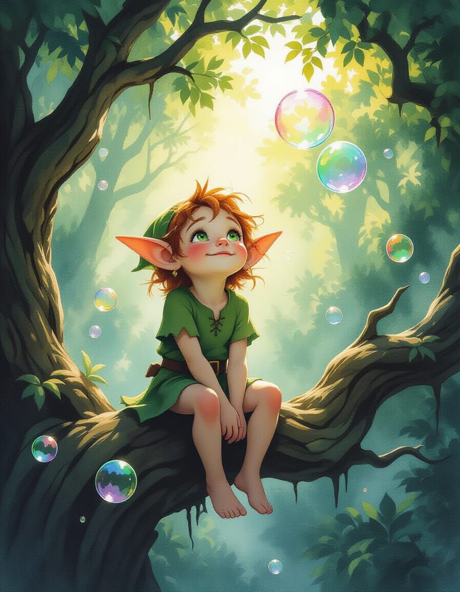Happy Elf Child on Tree Bough with Soap Bubbles